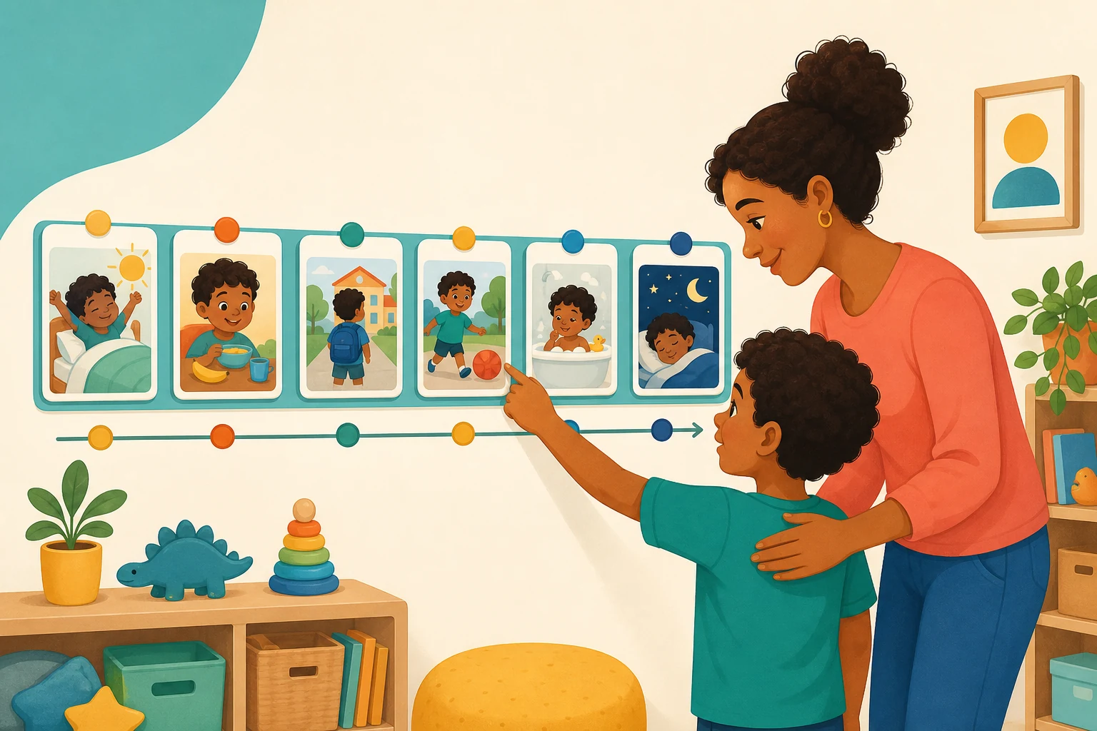 Mãe e criança usando um quadro de rotina visual