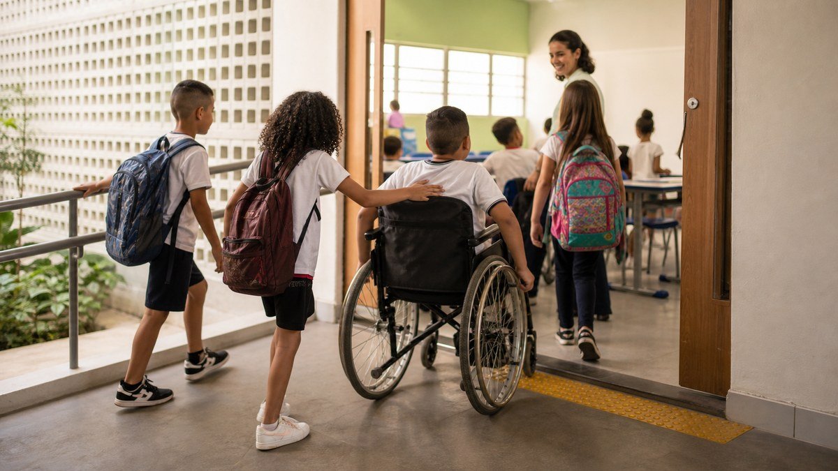 Estudantes entram juntos em uma sala de aula acessível, incluindo uma criança em cadeira de rodas