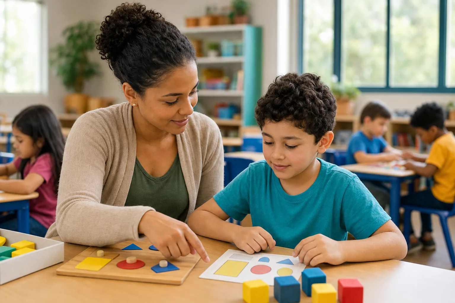 Professora auxilia aluno com materiais adaptados em sala de aula inclusiva