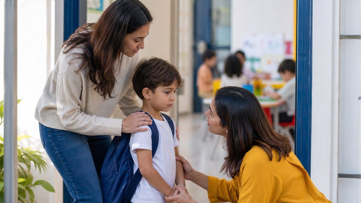 Mãe e professora acolhem uma criança na entrada da sala de aula