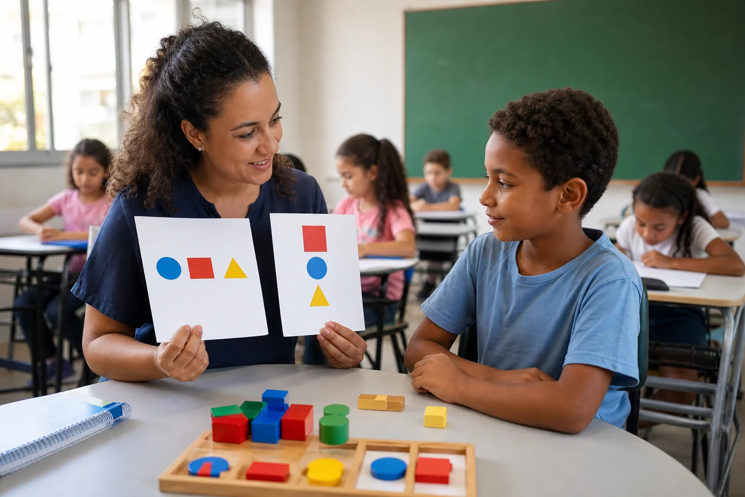 Professora apresenta avaliação adaptada com recursos visuais a um aluno