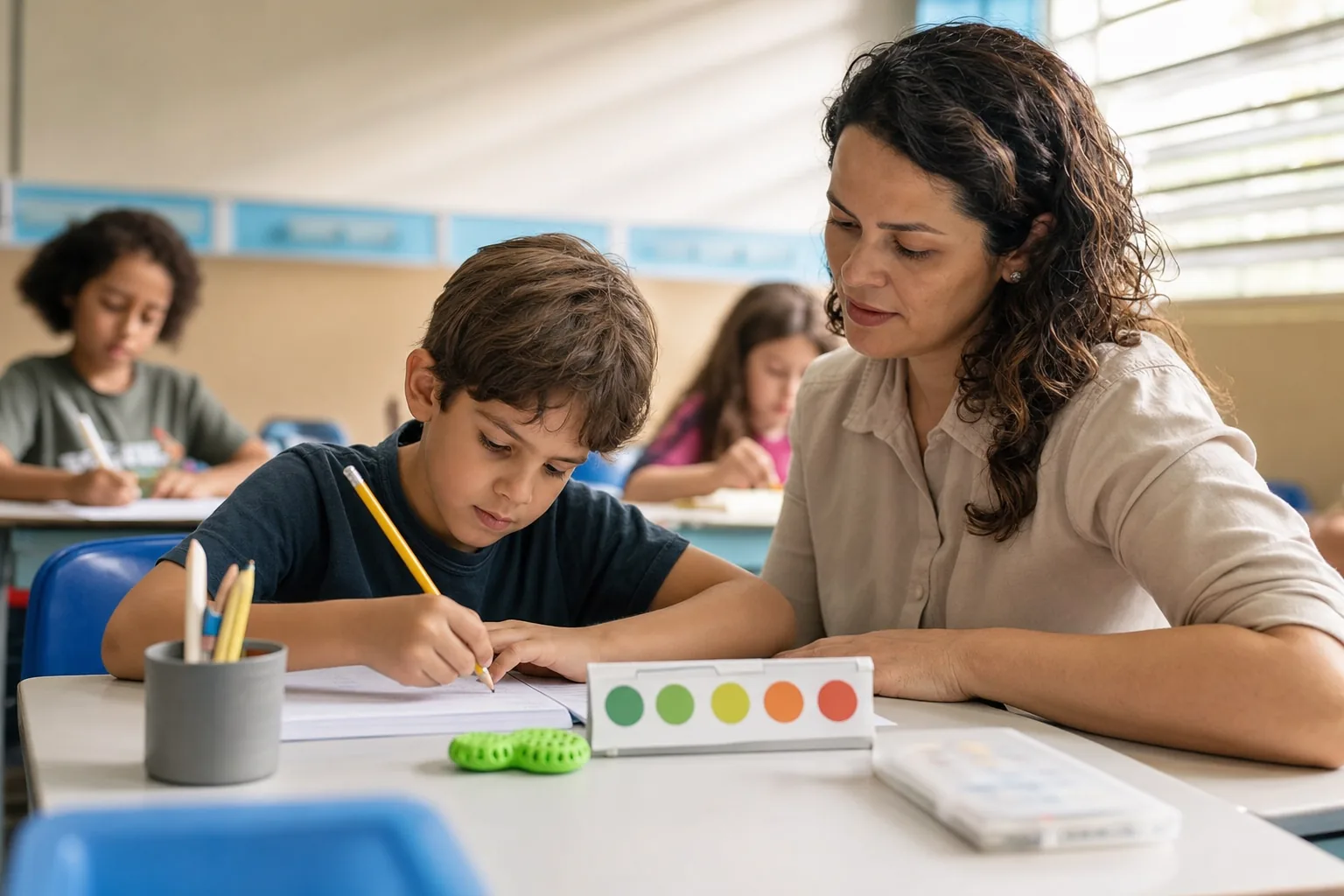 Aluno realiza atividade concentrado com apoio individual da professora