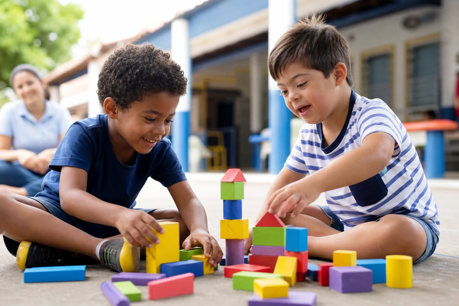 Duas crianças brincam juntas com blocos no pátio da escola