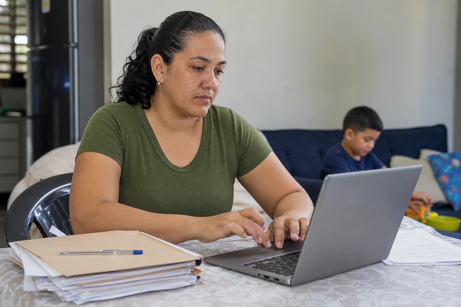 Cuidadora atualiza cadastro no computador com documentos organizados sobre a mesa