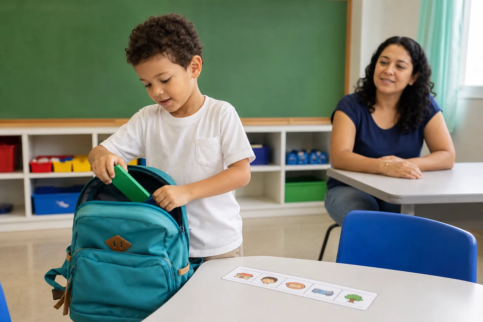 Criança guarda materiais na mochila de forma independente em sala de aula