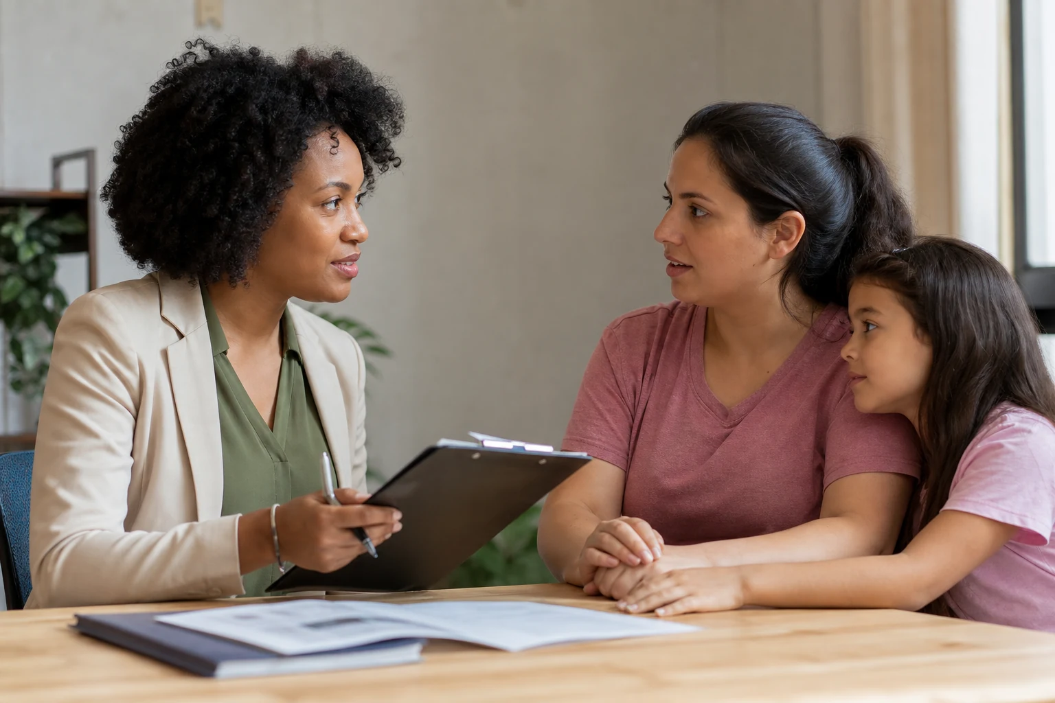 Assistente social conversa com mãe e criança durante atendimento acolhedor