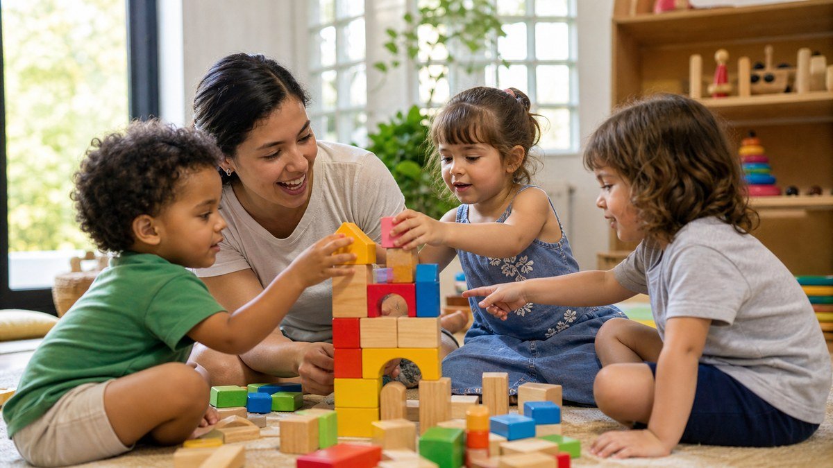 Crianças brincam juntas com blocos sob a orientação de uma educadora