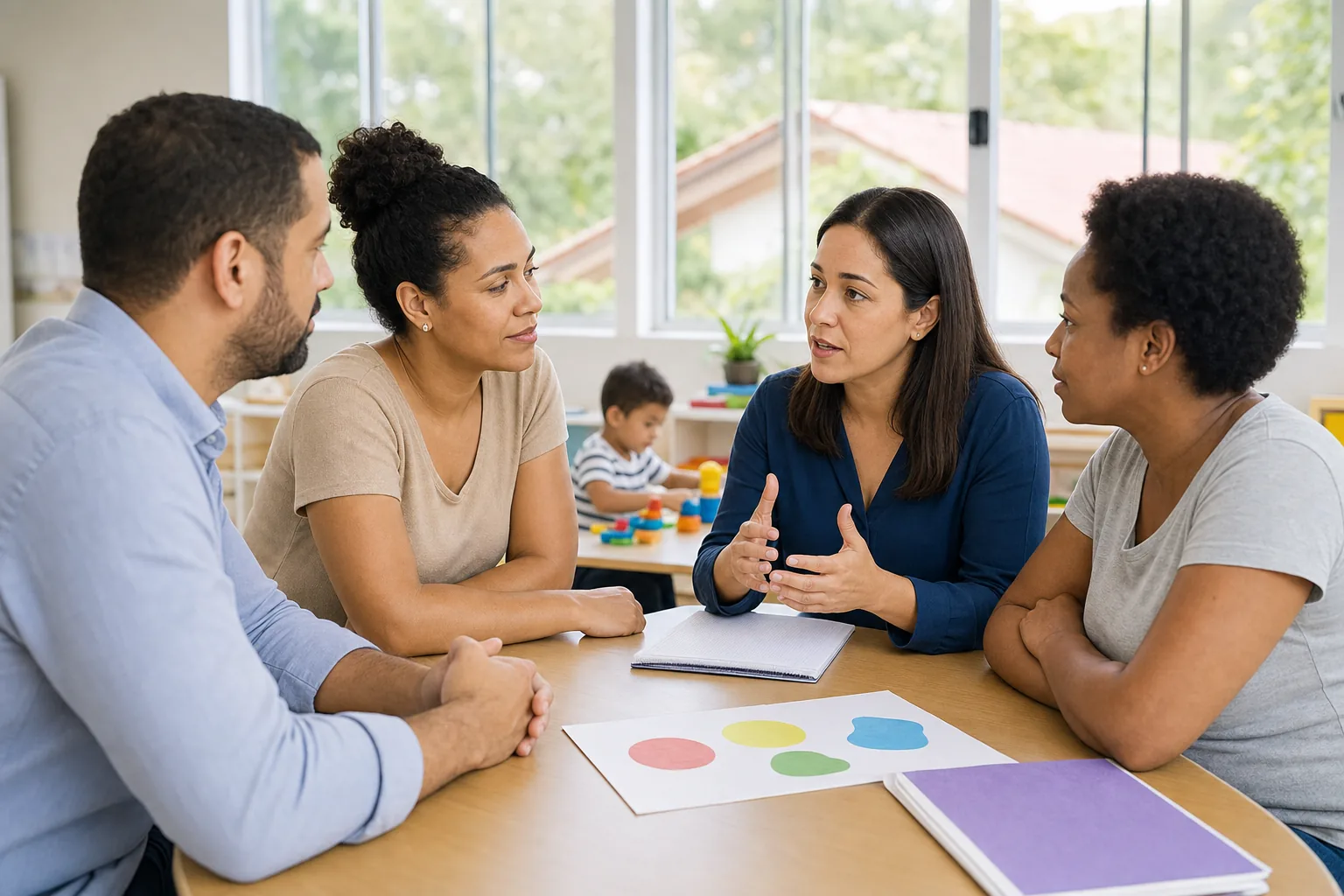 Família e profissionais da escola conversam em reunião colaborativa