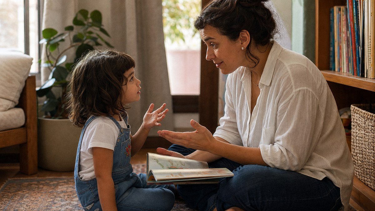 Mãe e filha se comunicam por gestos e expressões durante a leitura