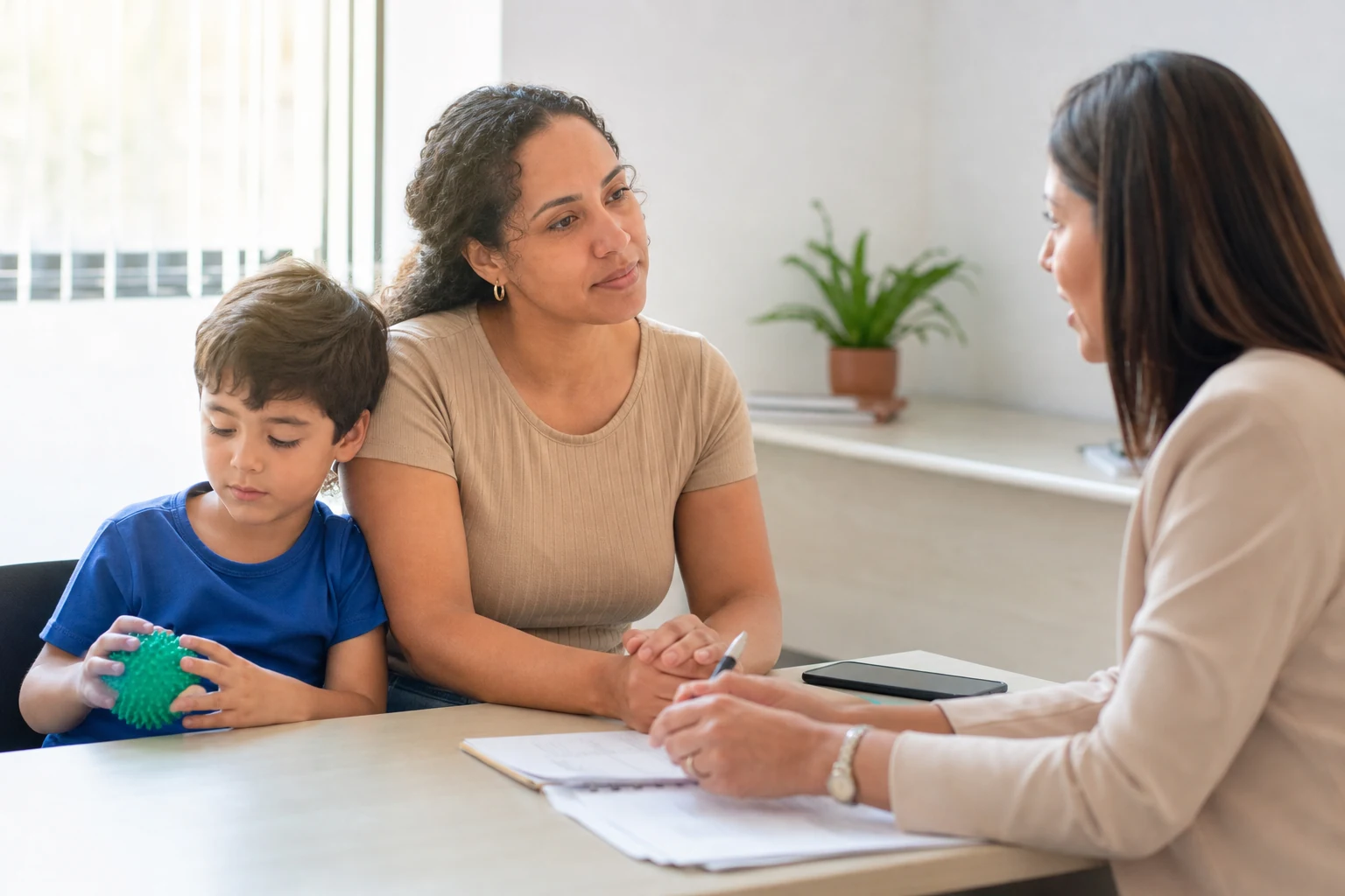 Mãe e criança recebem orientação profissional sobre documentos para solicitar o BPC