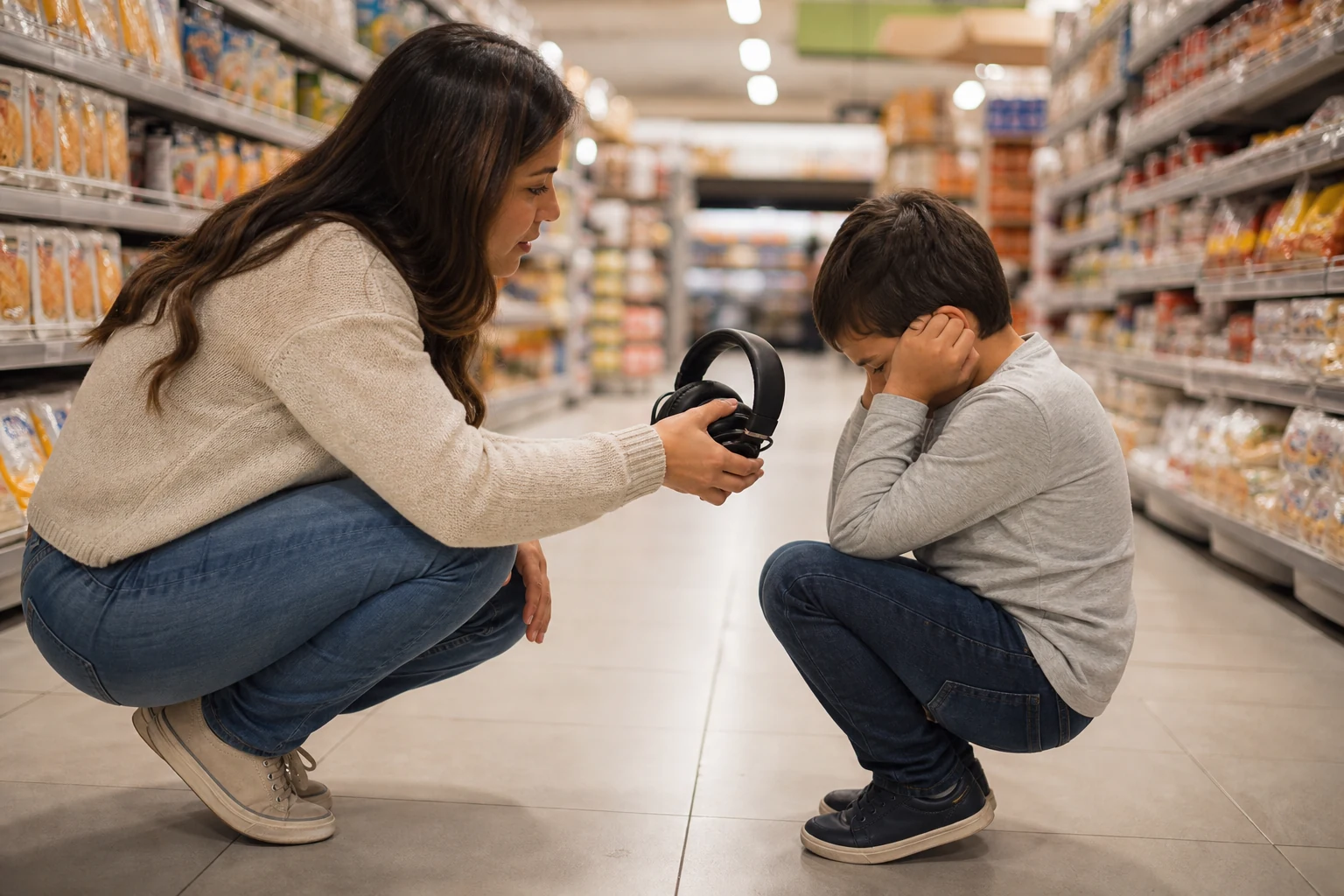 Mãe acolhe a criança com calma em corredor tranquilo de supermercado