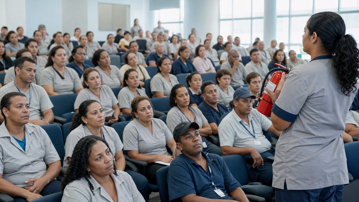 Profissionais participam de capacitação coletiva em um auditório