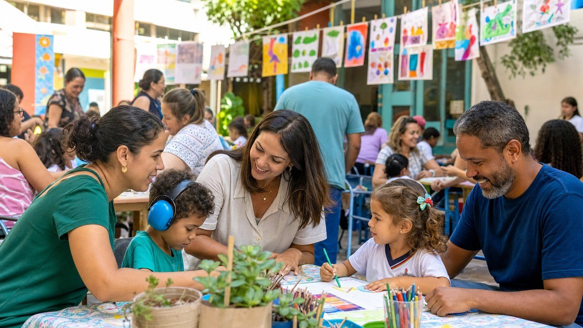 Famílias, crianças e professora participam de atividade de integração na escola