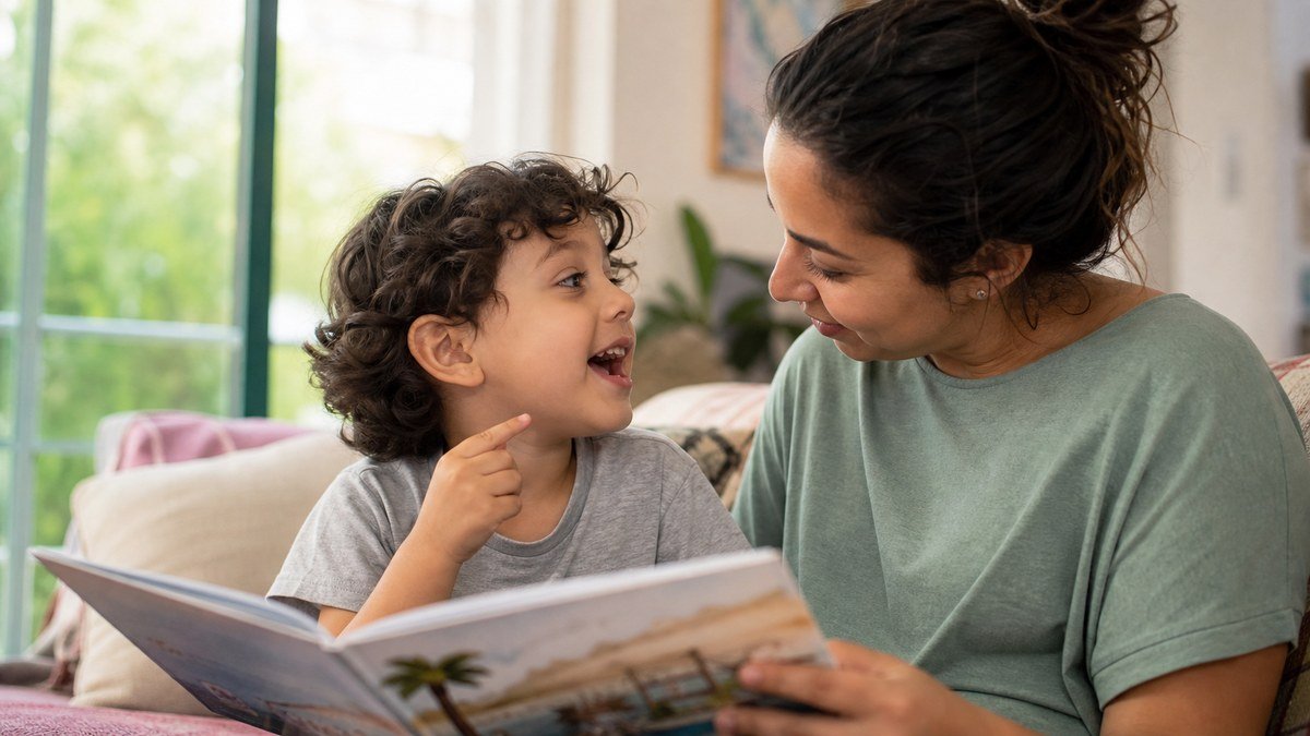 Mãe escuta atentamente a criança durante uma leitura compartilhada
