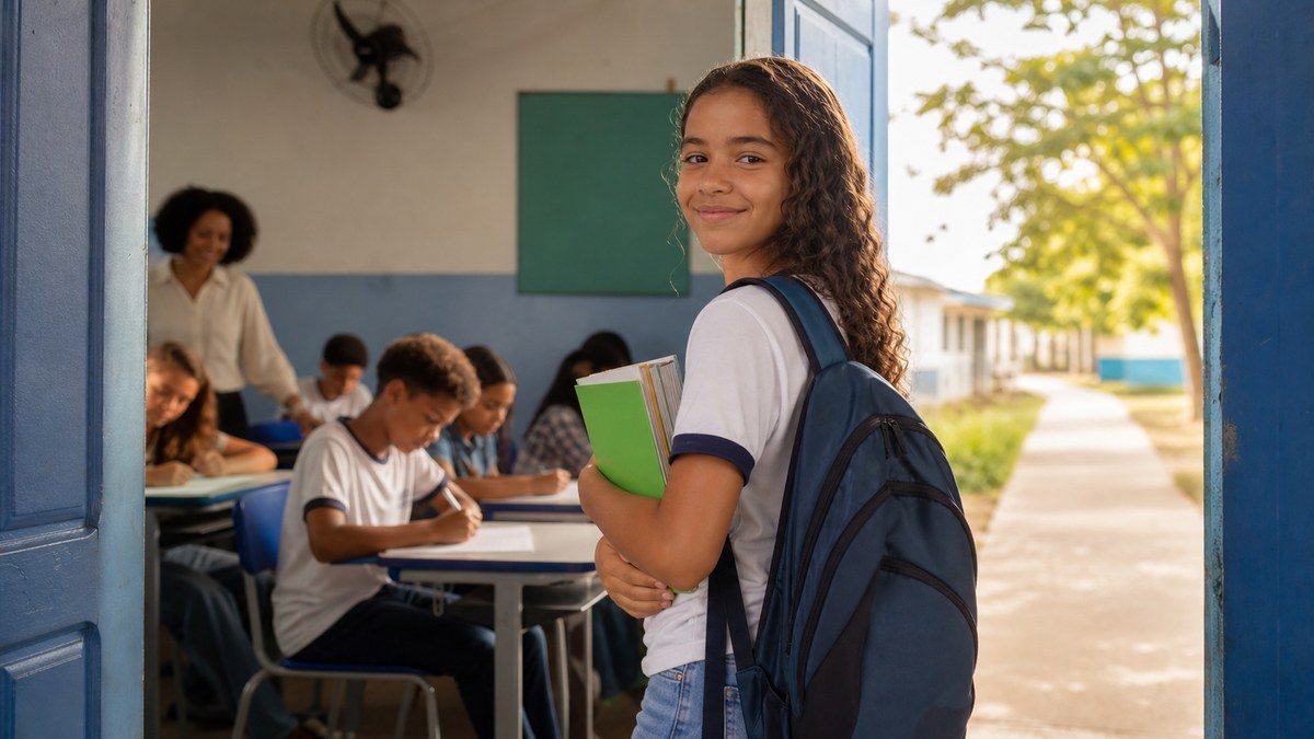Estudante com livros e mochila entra em uma sala de aula iluminada