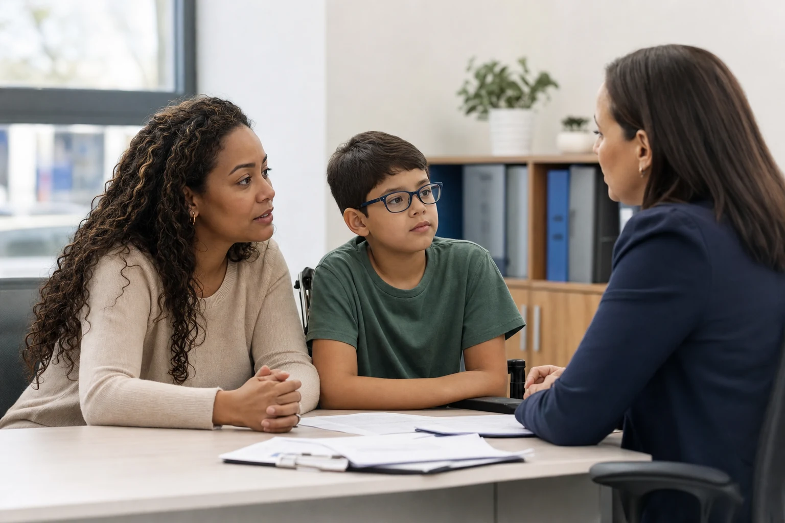 Mãe e estudante conversam com gestora escolar sobre cobrança adicional e inclusão