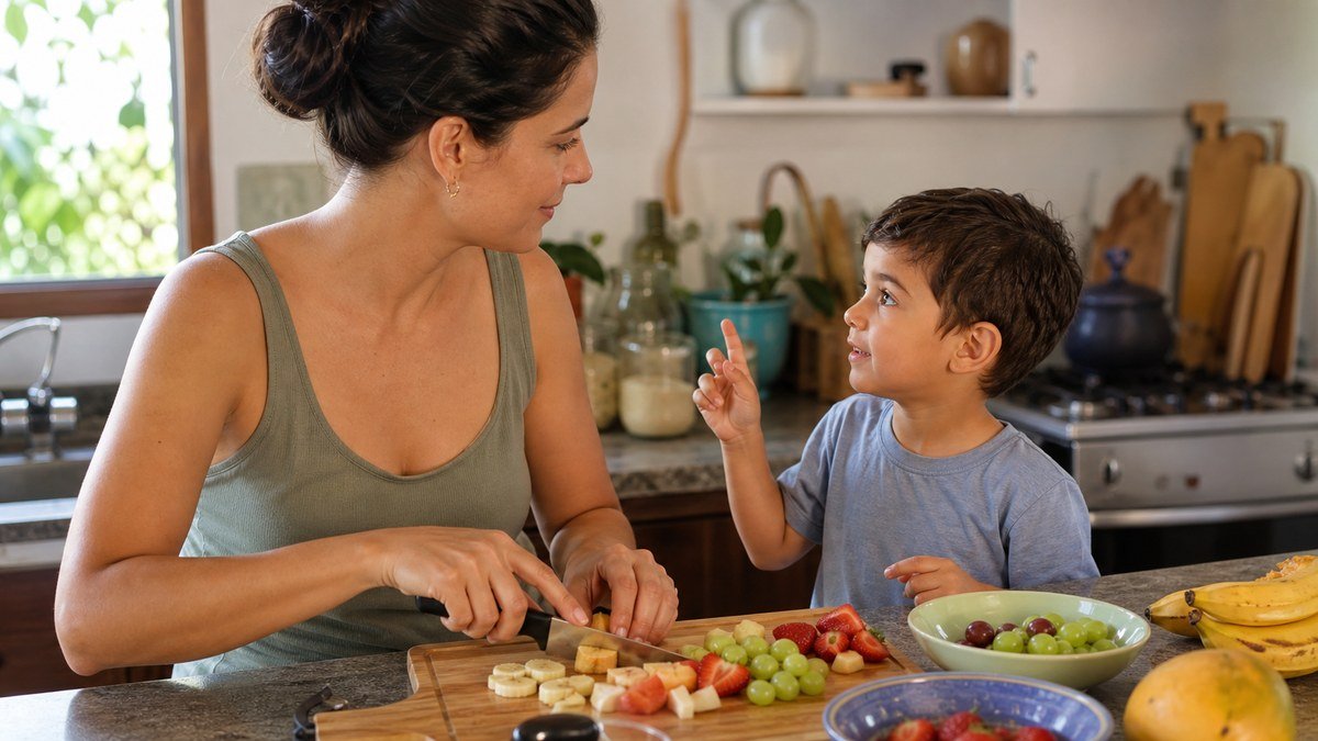 Mãe e filho conversam enquanto preparam frutas juntos na cozinha