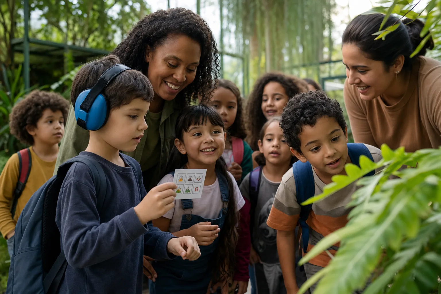 Crianças e educadoras participam de excursão inclusiva em jardim botânico