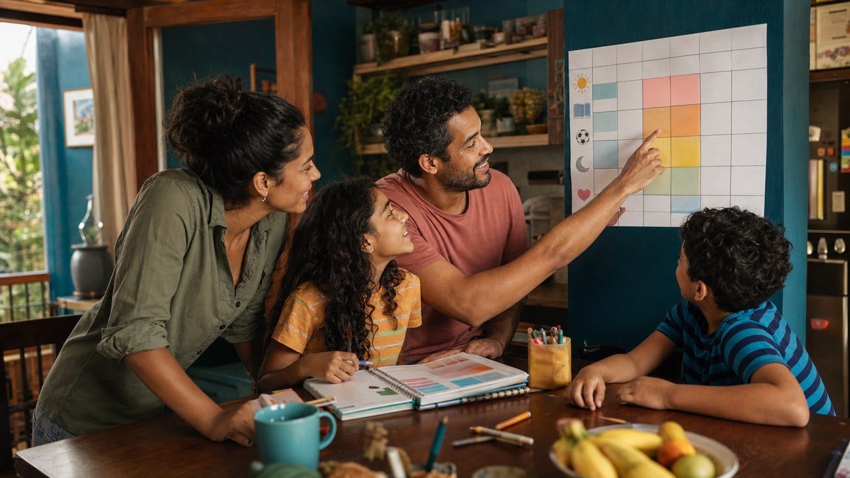 Família organiza a rotina semanal com um quadro visual na cozinha