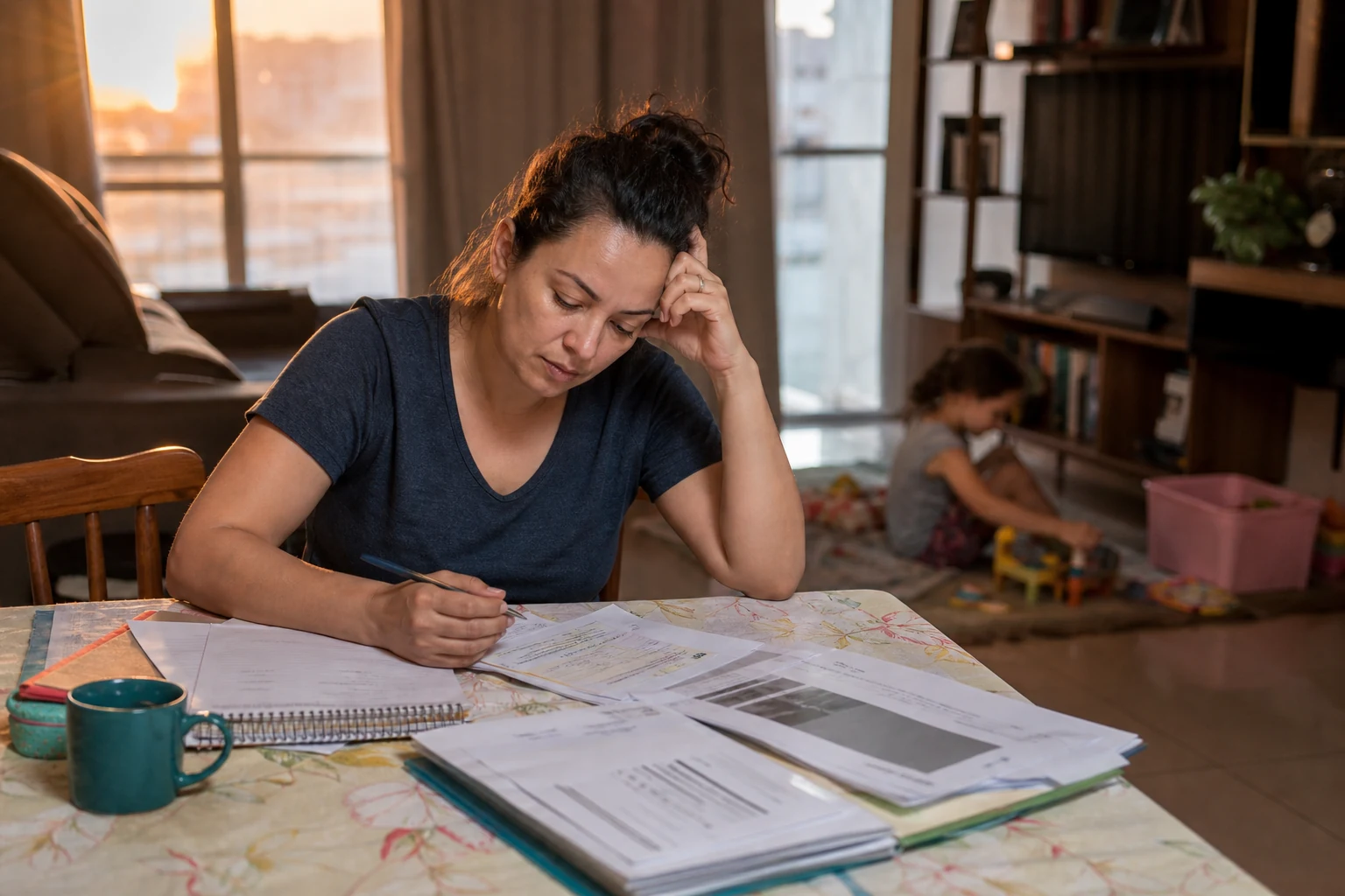 Mãe organiza anotações e documentos de consultas com expressão determinada