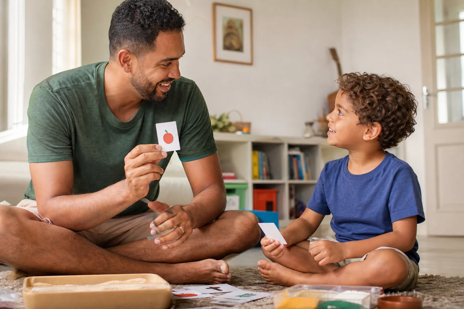 Pai e criança brincam juntos com recursos sensoriais e cartões de figuras