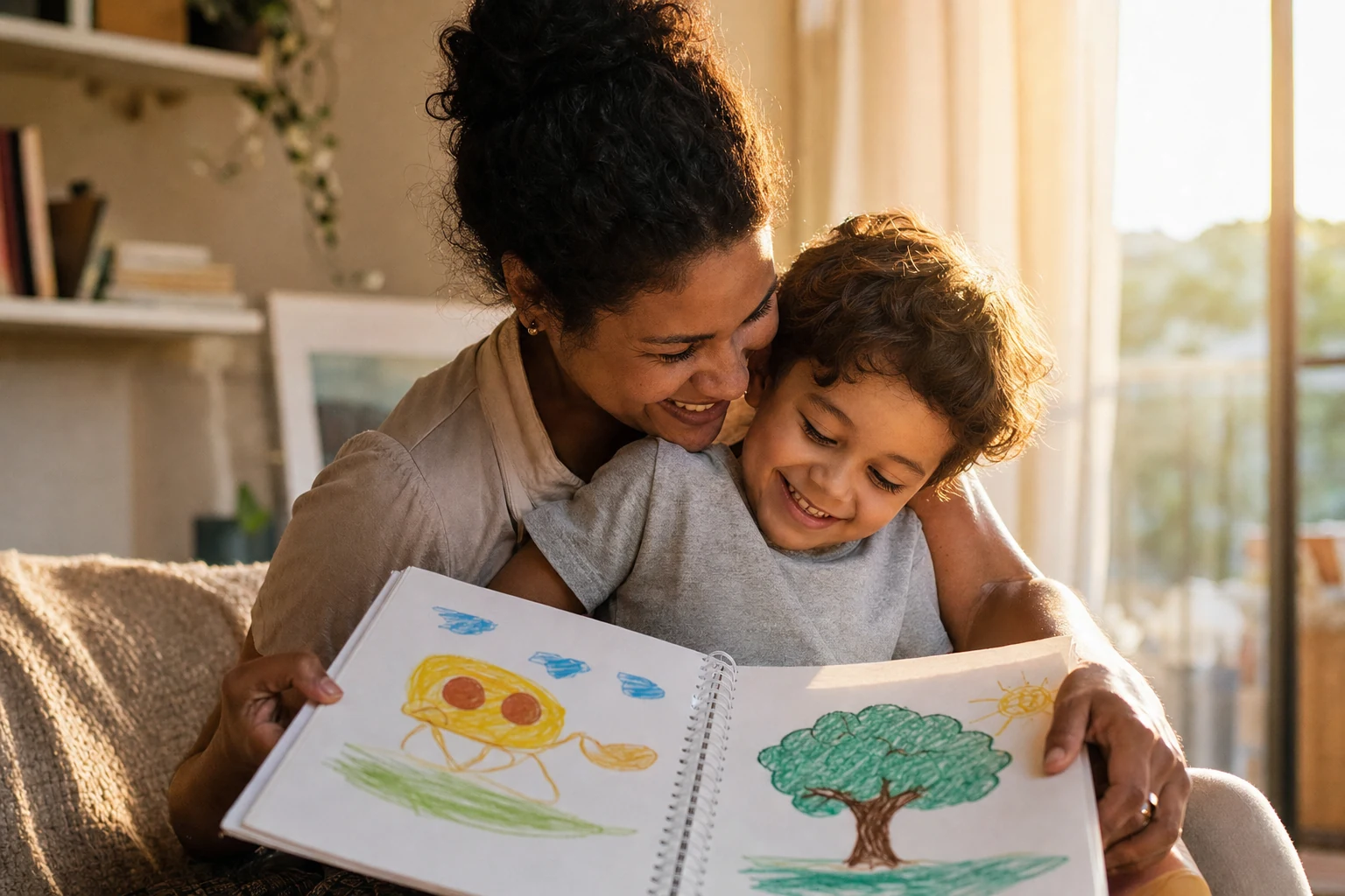 Mãe e criança comemoram uma pequena conquista enquanto observam atividades do ano