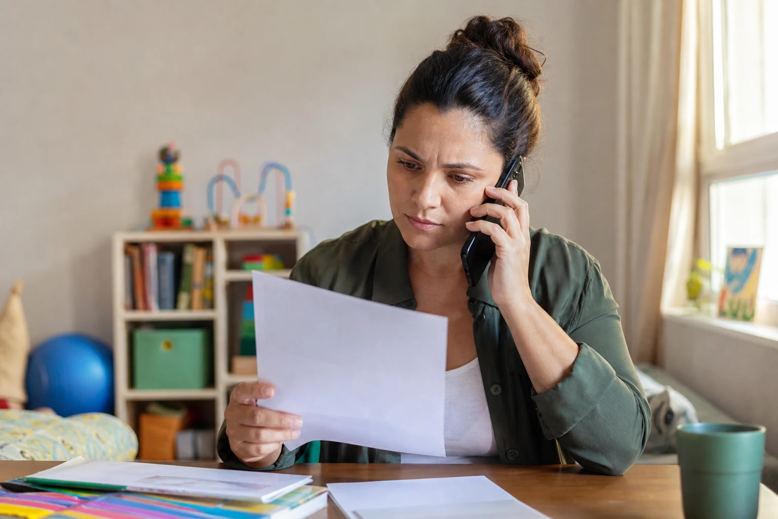 Mãe analisa comunicado de negativa de terapia enquanto conversa ao telefone