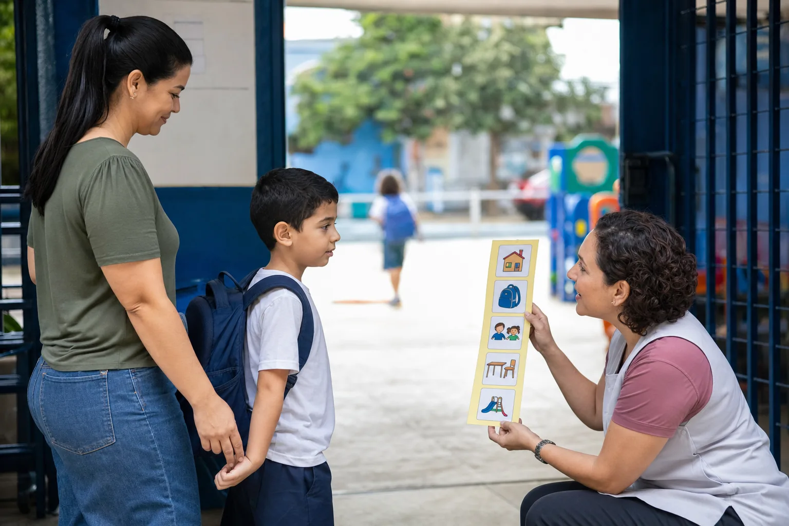 Professora recebe criança autista e sua mãe na entrada da escola