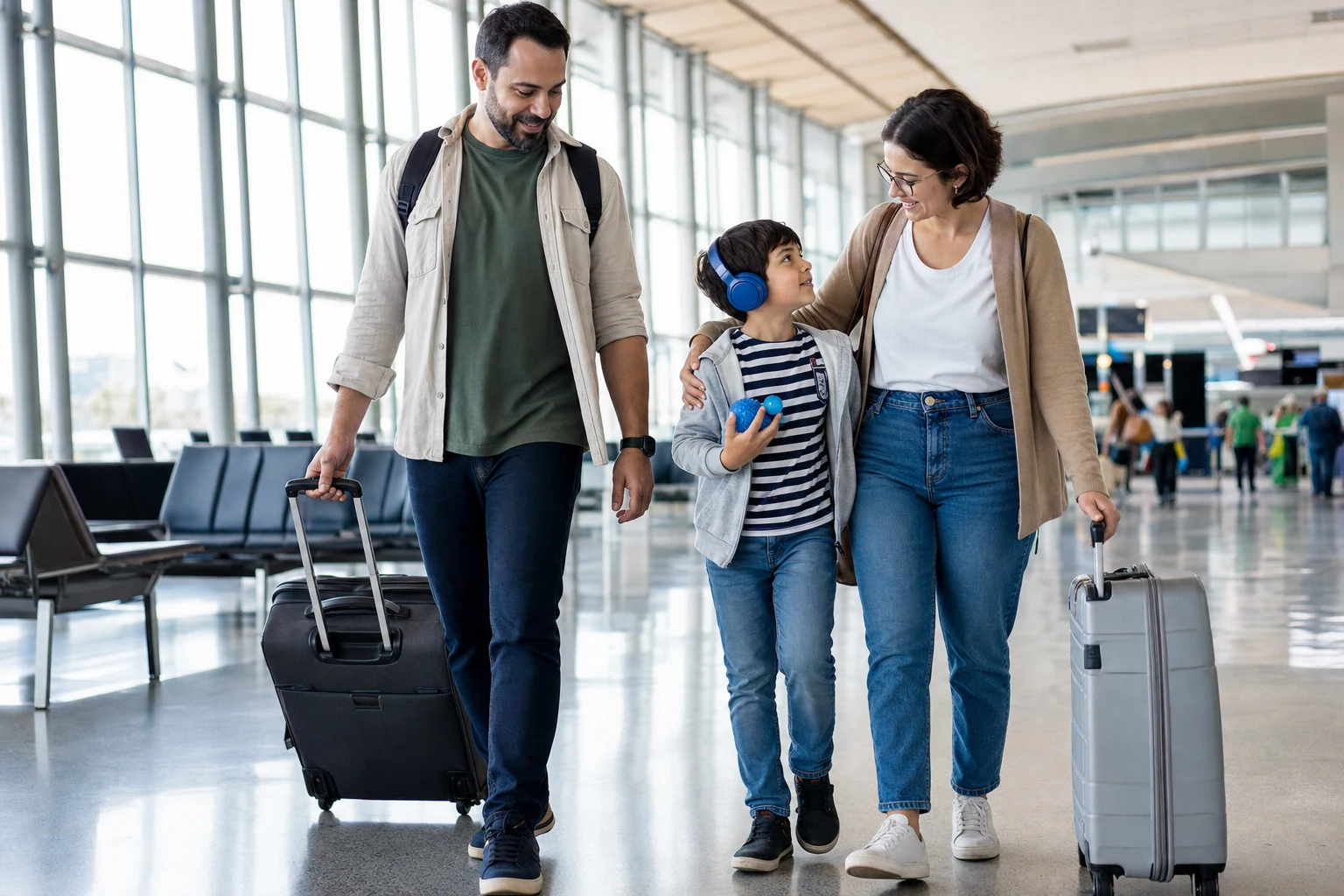 Família organizada no aeroporto com criança usando abafador auricular