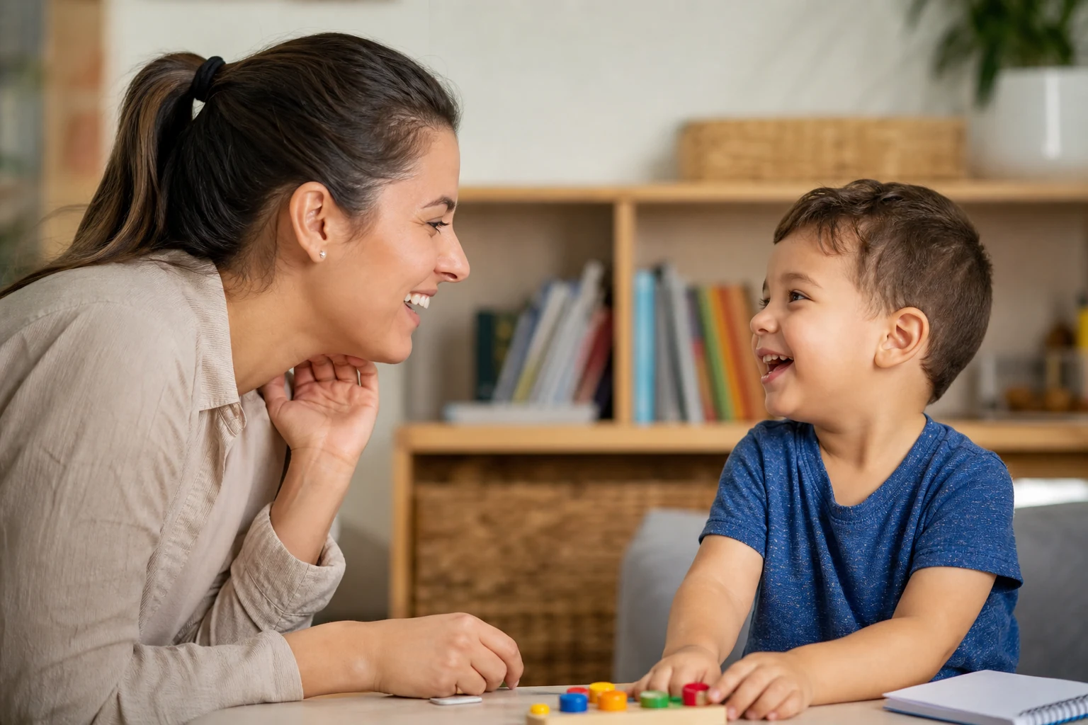 Mãe e criança compartilham momento de comunicação e alegria durante uma brincadeira