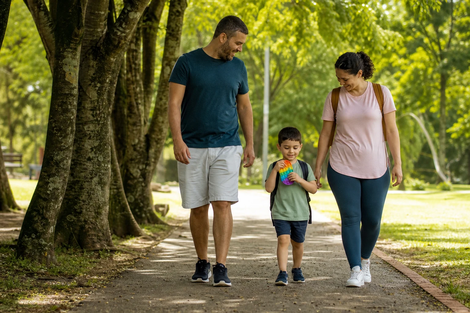 Família caminha com tranquilidade em parque após preparar o passeio da criança