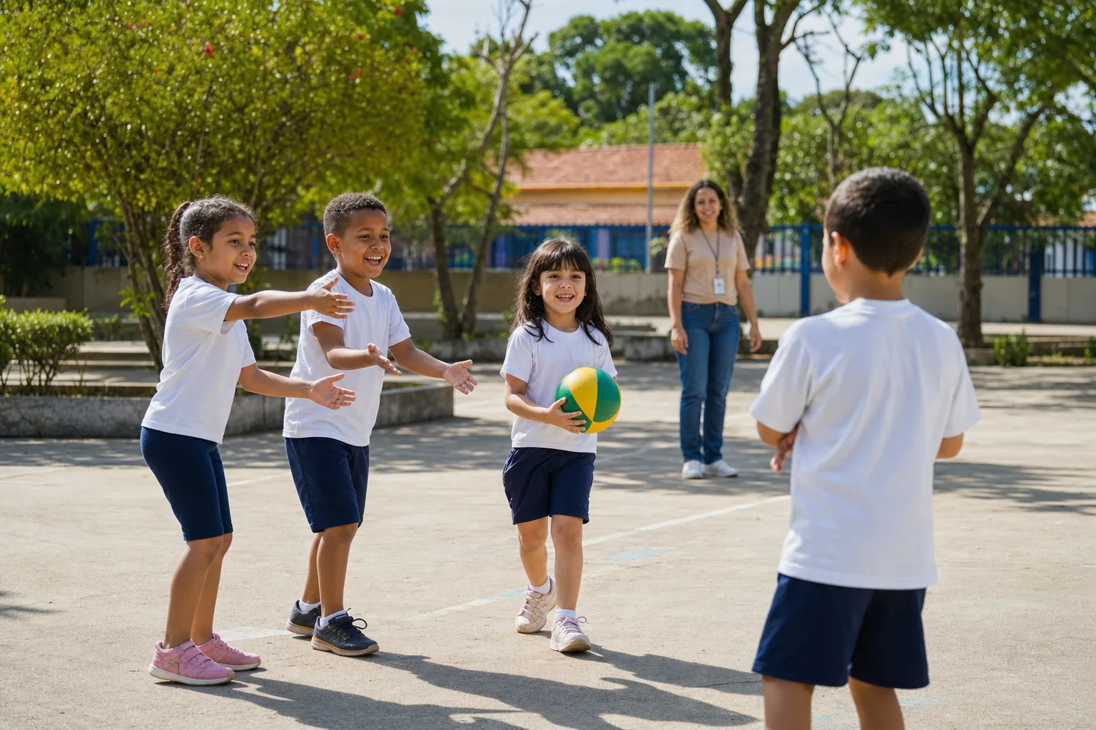 Crianças convidam colega para participar de brincadeira no recreio escolar