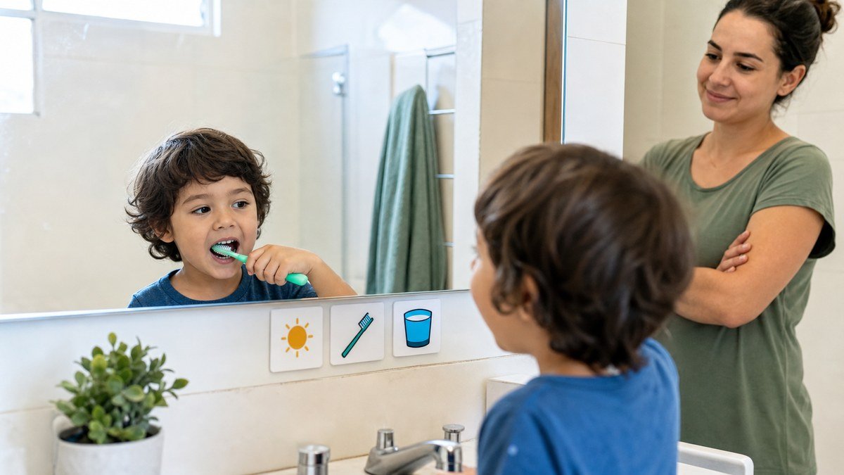 Criança escova os dentes com apoio visual enquanto a mãe acompanha