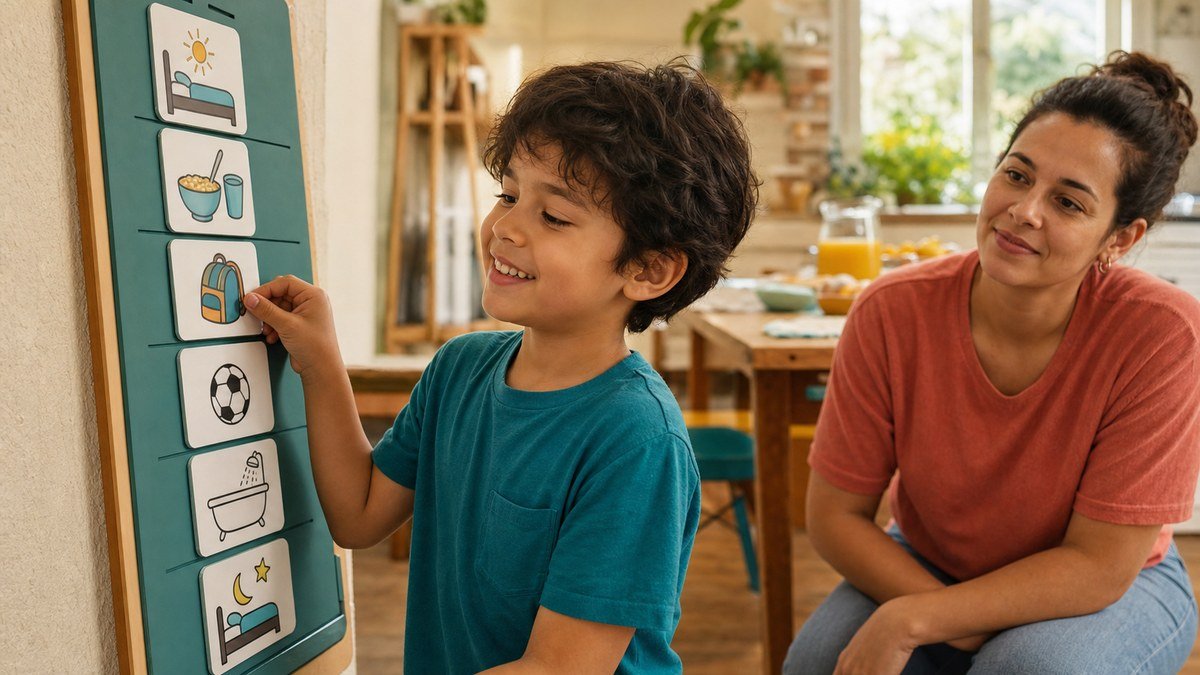 Criança coloca uma figura no quadro de rotina visual com apoio da mãe