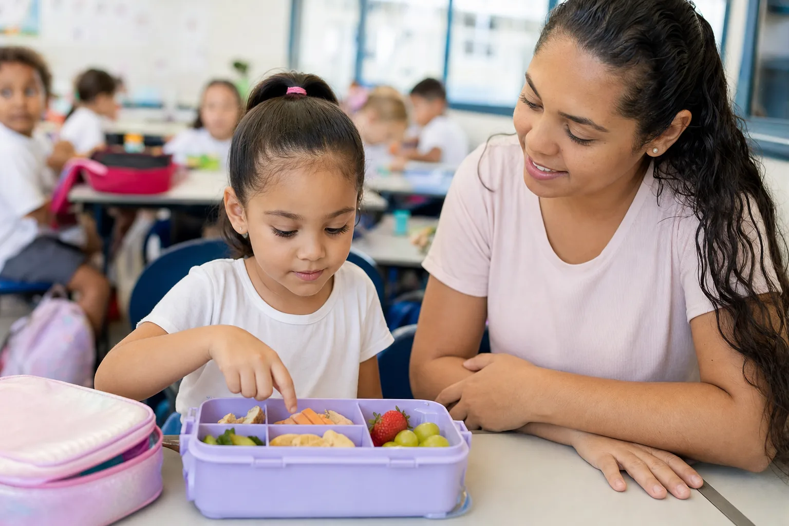 Criança escolhe alimento da lancheira com apoio respeitoso de profissional escolar